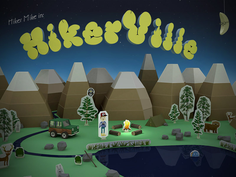 Hiker Mike in Hiker Ville mountains lake moon toys paper toys hiking