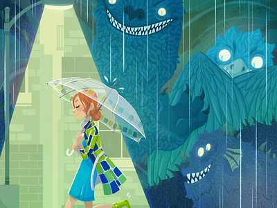Software Security design girl illustration monster monsters night rain streetlight umbrella
