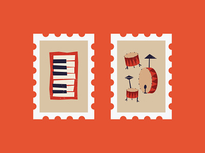 MCM Instrument Stamps - Set Two design drum drums drumset illustration keyboard mcm mid century mid century modern music piano postage stamp retro rock and roll saul bass stamp usps vintage