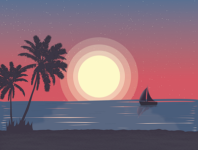 Sunset at the beach @dribbble flat design graphicdesign illustraion illustration art illustration digital illustrator poster design vector illustration