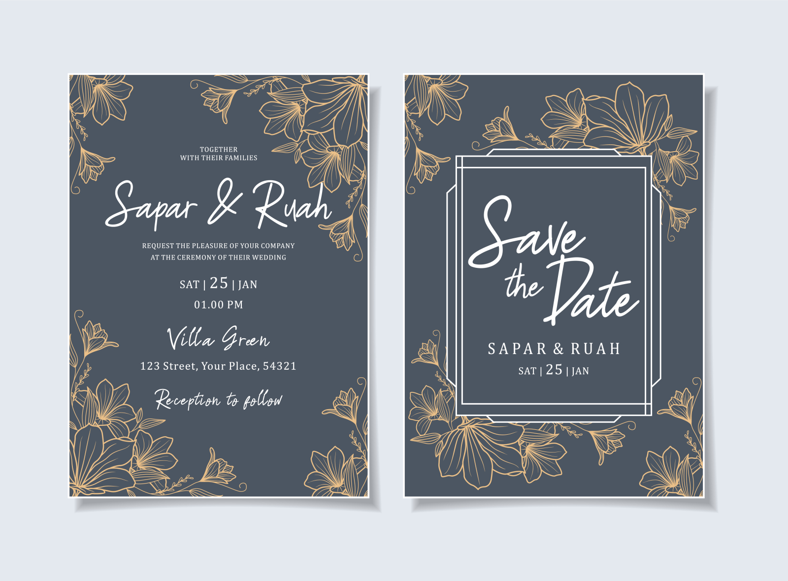 Minimal Sketch Floral Wedding Invitation Suite - Corporate Identity Template