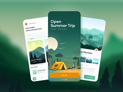 Melampah - Travel App adventure booking app camping design app exploration forest green hiking holiday mountain nature outdoor travel agency travel app travel dashboard travelling trip trip planer ui vacation