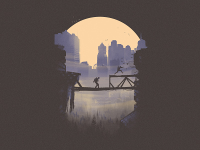 Abby and Lev on the move - The Last of Us 2 (4 of 4) abby bridge design fan art fanart heights illustration lev poster series screenprint skyline sun t shirt tee the last of us part 2 tlou2