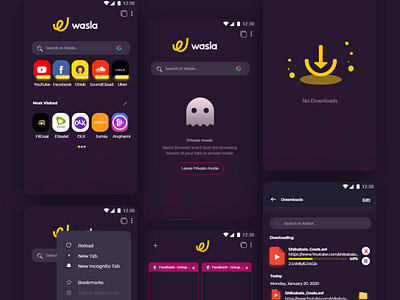 Wasla Browser Dark Mode Ui app bookmarks browser design download history illustration landingpage ui ui ux ui design uidesign uiux ux