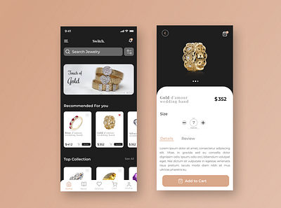 Jewellery App app dark dark app dark mode dark ui diamond diamonds ecommerce ecommerce app ecommerce design gold indonesia jewel jewellery jewelry jewels mobile app mobile ui rings wedding