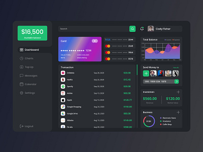 Dark Money Management Website dark mode dashboad dashboard design finance finance website investment modern money management money management dashboard money management web ui uidesign uiux user interface user interface design userinterface web web design webdesign website design