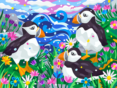 Cute puffins adobe illustrator animal illustration design flat flower graphic illustration puffin sea vector vector art