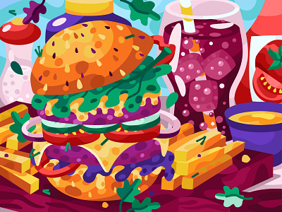 Tasty burger adobe illustrator app burger coke design flat food food and drink food illustration french fries graphic illustration vector vector art