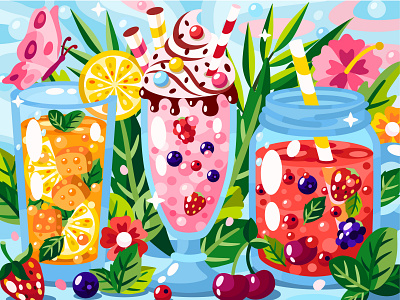 Refreshing drinks 2dillustration adobe illustrator design flat flower food food and drink graphic illustration lemonade milkshake smoothie summer tea vector vector art