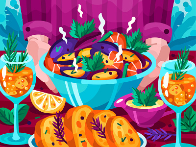 Hot mussels adobe illustrator app design flat food food and drink graphic illustration mussel prawn restaraunt vector vector art