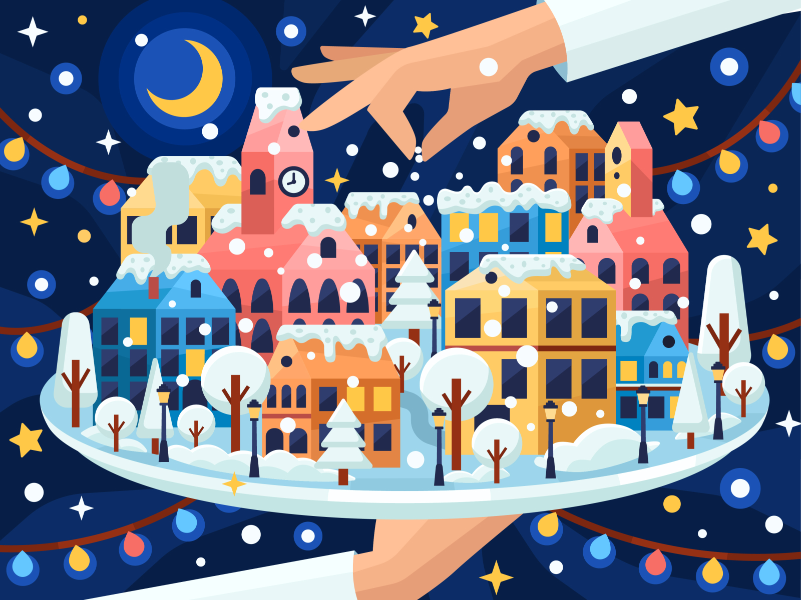 Snow dish adobe illustrator christmas design europe flat graphic happy new year house illustration kids illustration night sky snow star vector vector art winter