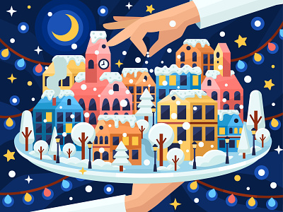Snow dish adobe illustrator christmas design europe flat graphic happy new year house illustration kids illustration night sky snow star vector vector art winter