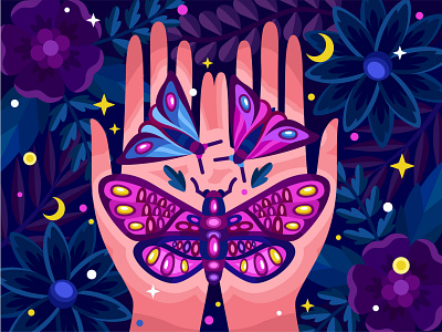Light moths app design flat flower graphic illustration magic moth nature night star vector