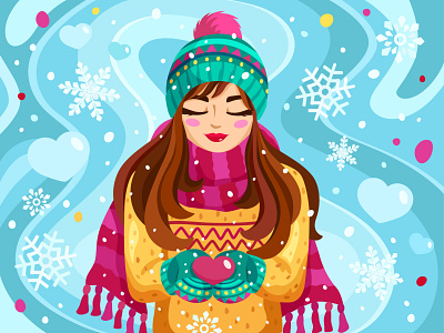 Warm heart adobe illustrator design flat girl graphic heart illustration love snow vector winter woman