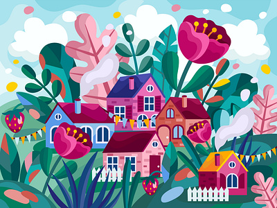 Fairy village adobe illustrator cute design flat flower game illustration graphic house illustration kids illustration vector vector art village