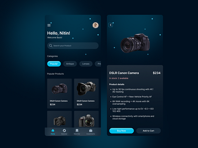 Design Screens for Buying Camera and lens ui
