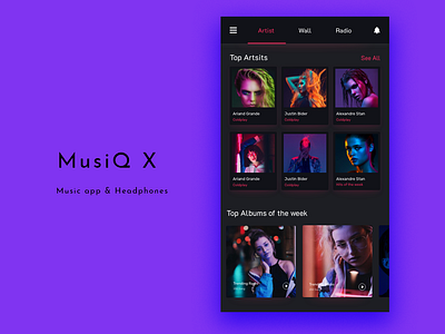 Artist Screen for music app Musiq X android app android app design android app development app audio branding cards cards ui cheerful colored shadow colorful app dark app design headphones music music player ui popular shadow ui ux