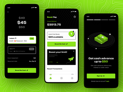 Cash Advance App dark mode fintech green neo pop ui