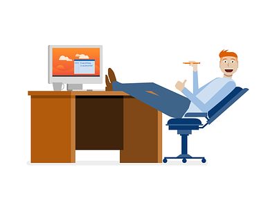 Happy IT Guy chair character computer desk illustration it microsoft office red head tech windows