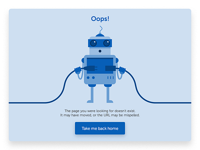 Oops! Website Error Page 404 blue button cute drop shadow error illustration robot ui ux unplug web