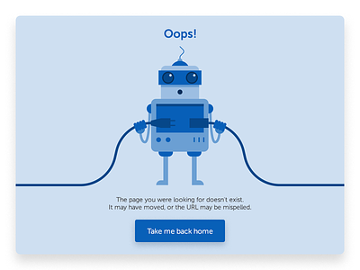 Oops! Website Error Page 404 blue button cute drop shadow error illustration robot ui ux unplug web