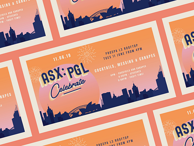 IPO Launch: Celebration asx cityscape design fintech fireworks gradient illustration invite ipo launch layout orange postcard print prospa sunset sydney