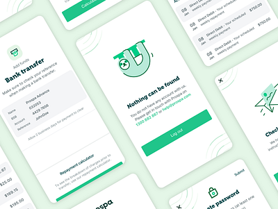 Prospa App - Mobile UI 404 404 page app app design bank app finance fintech green mobile mobile app design mobile ui money not found paper plane prospa screens sloth transfer ui ux
