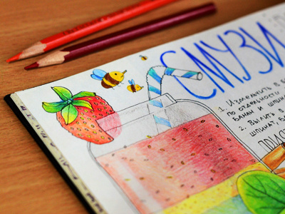 Smoothie art bee colorpencils drawing mariashishcova recepie sketchart sketchbook sketching smoothie strawberry