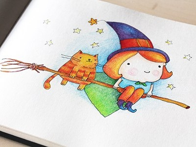 Cute witch art cat character colorpencils drawing helloween illustration mariashishcova sketchbook witch