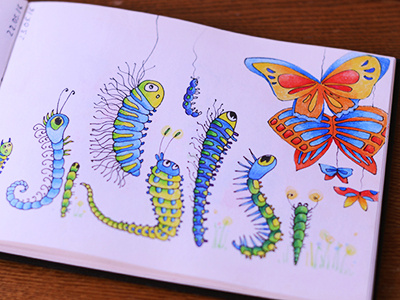 Queue art butterfly catepillar coloredpencil colors drawing drawingeveryday illustration mariashishcova moleskine sketchbook worm