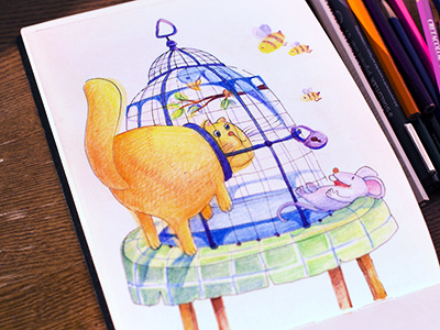 Birdcage birdcage cage cat coloredpencil colors drawing drawingeveryday illustration mariashishcova moleskine mouse sketchbook