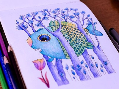 Fish in the forest blue coloredpencil colors drawingeveryday fish forest mariashishcova moleskine nice sketchbook