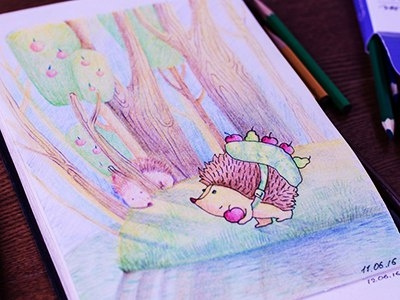 Apple Love apple coloredpencil colors drawingeveryday hedgehog love mariashishcova moleskine nice sketchbook