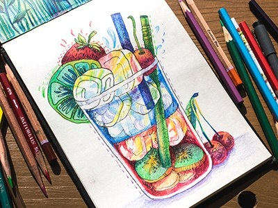 Cocktail art cocktail coloredpencil colors drawing drawingeveryday ice illustration juice mariashishcova moleskine sketchbook