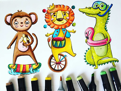 Cute Characters alcohol markers animal art character circus copic crocodile drawing illustration lion mariashishcova marker markers monkey sketch sketchbook