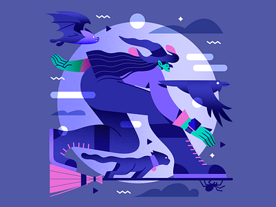 Surfing 🎃 bat cat crow dribbbleweeklywarmup halloween illustration moon spider spooky vector witch