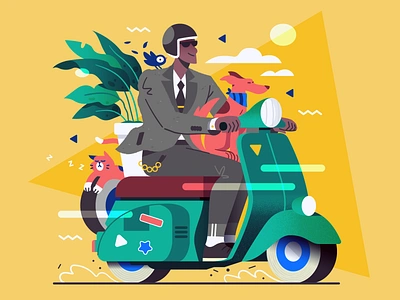 Vespa Squad! 🐶🐱🐦🌿 bird cat dog elegant illustration plant retro scooter vector vespa vintage