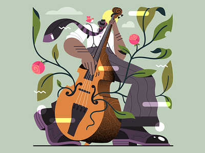 Birds, Plants & Music - The Double Bassist (V1) 🌿🎵 character doublebass flat flower gaspart illustration illustrator jazz music musician nature plant vector vectorial vintage