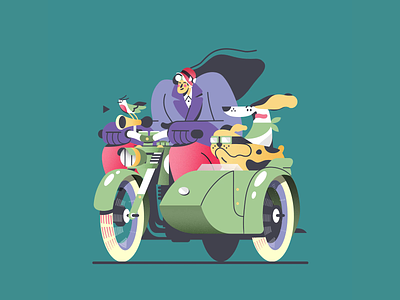 At Full Speed! 👩🐶🐦 adventure bird character collaboration dog flat gaspart hat illustration illustrator jump motion moto pets retro sidecar speed vector vintage woman
