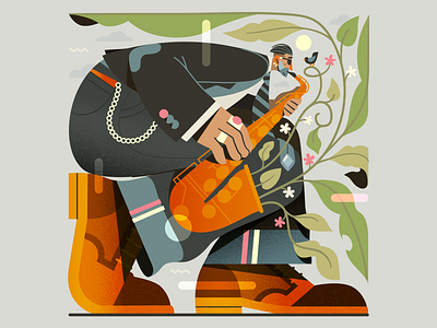 Birds, Plants & Music - The Saxophonist 🌿🎵 bird character flat gaspart growing illustration music musician nature plants playing saxophone vector vintage