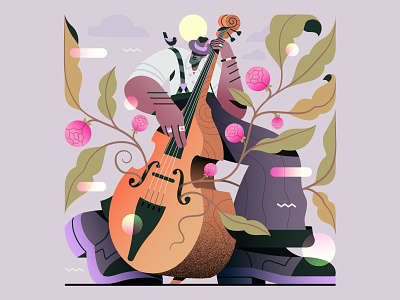 Birds, Plants & Music - The Double Bassist (V2) 🌿🎵 bird character conceptual fashion flat flower gaspart growth hat illustration instrument jazz music musician nature plants sound vector