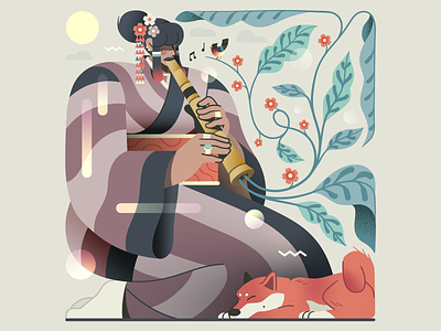 Birds, Plants & Music - The Flutist #2 bird fashion flat flower flute gaspart illustration japan japanese kimono musician nature pet plant rest sakura shiba vector woman yukata