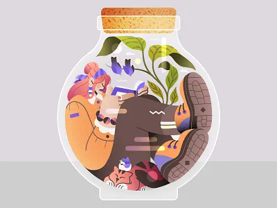 Vivarium -02- bird birds book cat cats character chill fashion flat gaspart illustration jar nature plants read reading relax vector woman zen