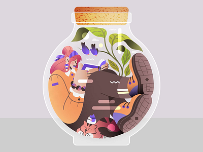 Vivarium -02- bird birds book books cat cats chill fashion flat illustration jar motion nature plants read reading relax rest vector woman