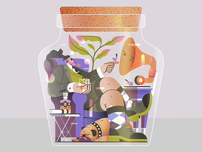 Vivarium -06- animation bird birds chair couch drink fashion flat gaspart illustration jar motion music plant plants retro smoke song vector vintage