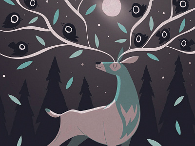 The King of the Forest bird deer forest gaspart illustration moonlight nature river