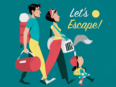 Let's Escape! 🌞 🏖️ cat child family gaspart happy holidays illustration luggage side smile sun walk