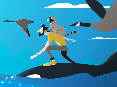 Vancouver, Here I Come! 🏄‍♂️ blue clouds design digitalart flat fly gaspart goose illustration light man mountain nature orca sea sky surf vancouver vector yellow