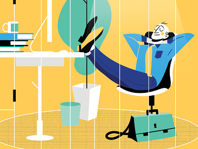 Most people do not really want freedom... 2d blue chair comfortzone comfy company design desk feet flat illustration office relaxing vector work yellow