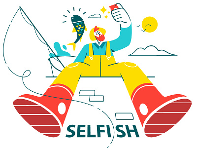 SELFISH 🐟📷 fish fisherman flat illustration photo selfie sit smartphone vector water